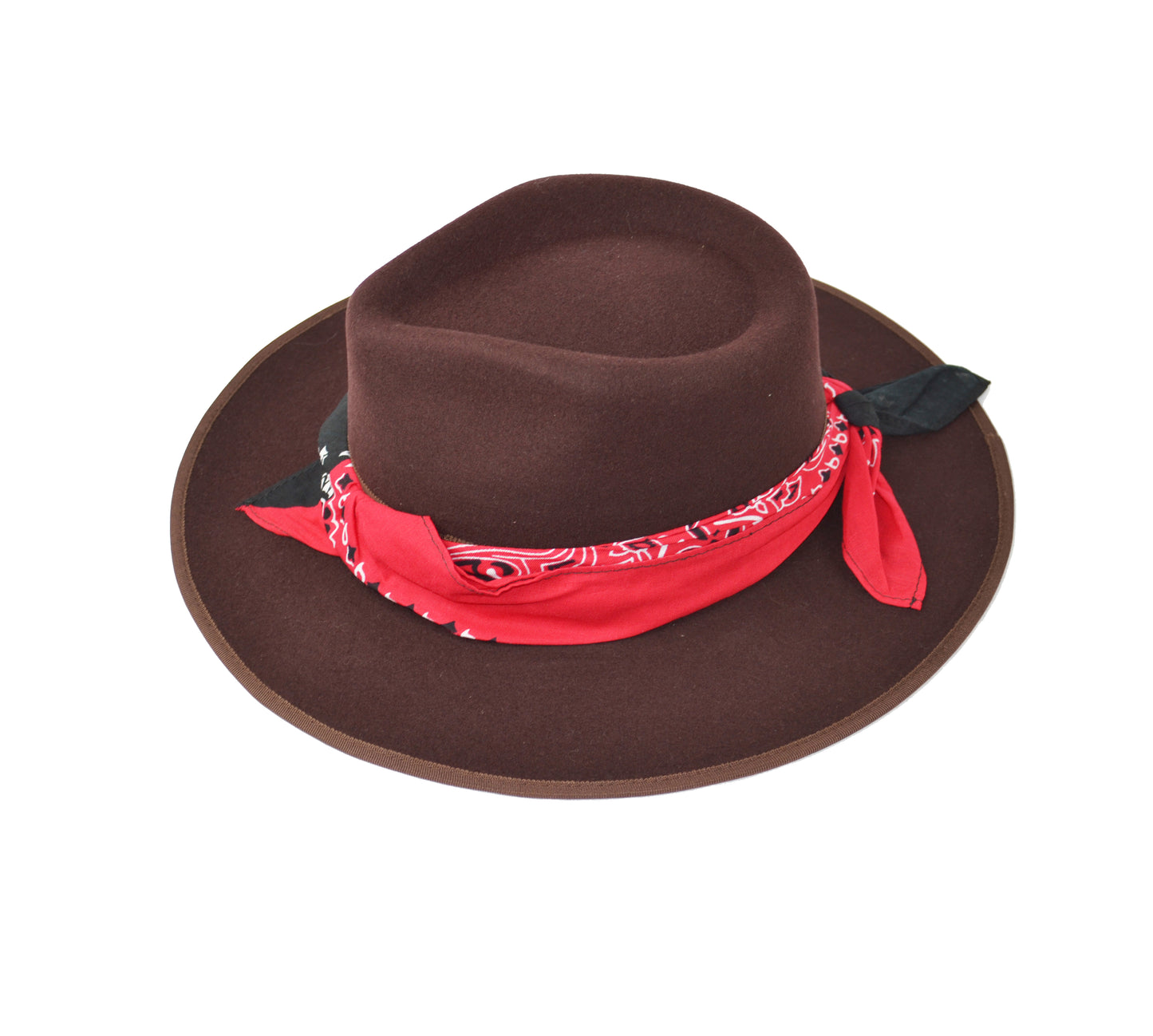 Cappello fedora  marrone con fascia in seta nero rosso
