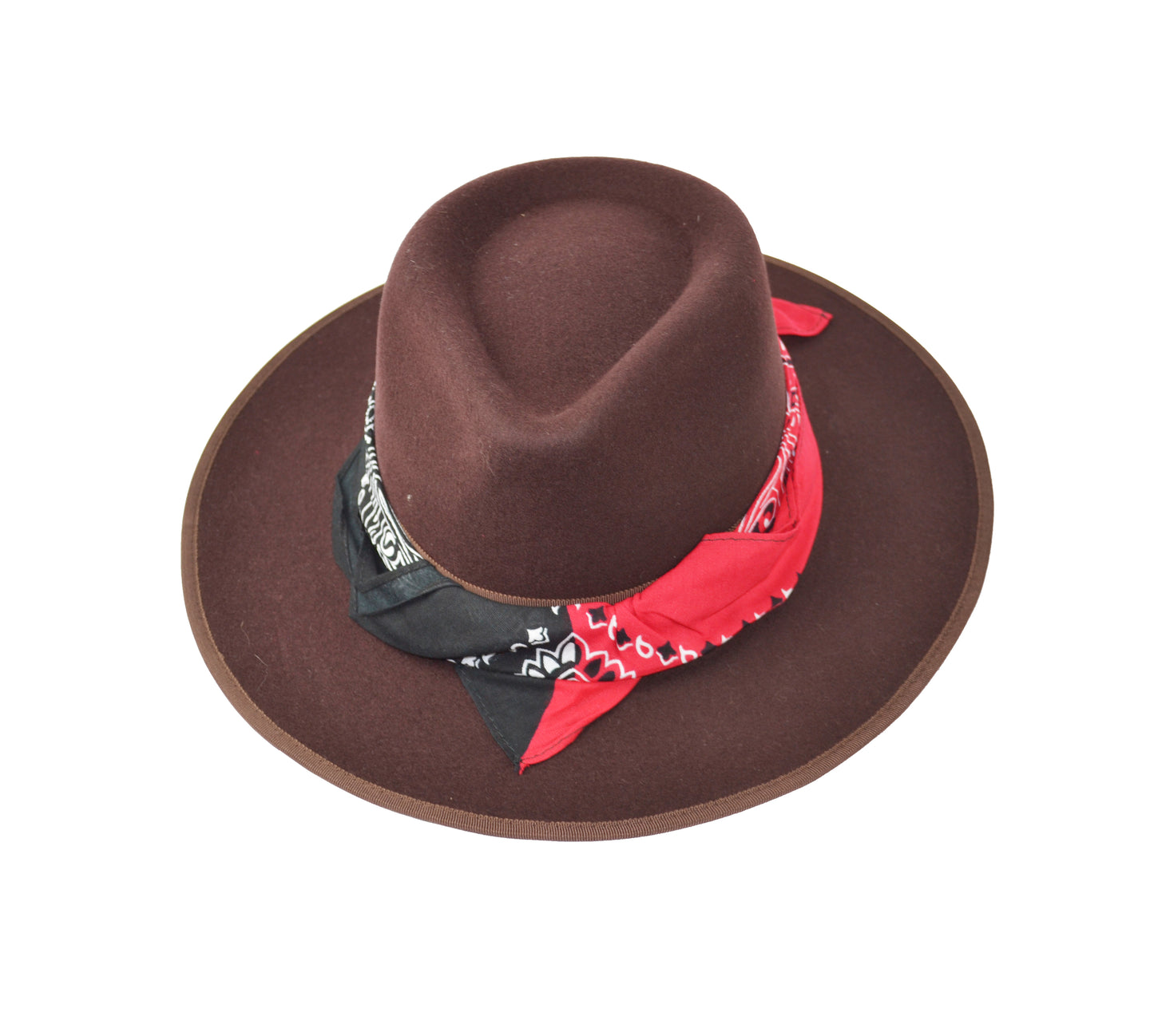 Cappello fedora  marrone con fascia in seta nero rosso